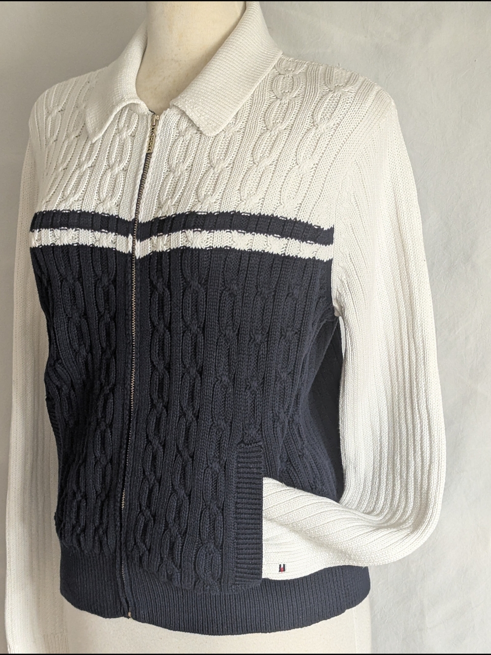 Tommy Hilfiger Varsity Navy and White Cable-Knit Zip Polo Sweater Sz L
